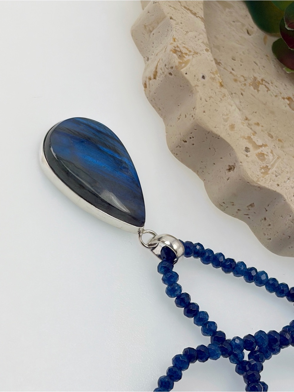 Pure Sterling Silver 925 Chunky Blue Labradorite Pendant Sapphire Necklace New - Picture 7 of 12